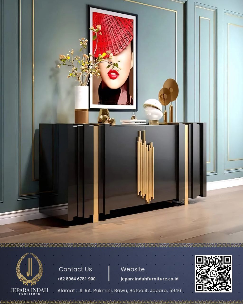 Credenza Bufet TV Mewah Hitam Glossy Aksen Gold