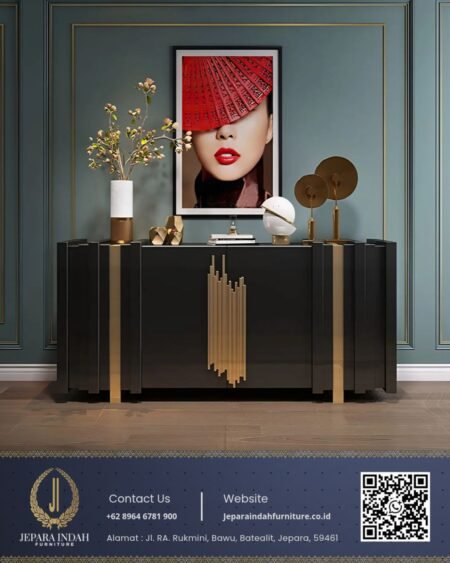 Credenza Bufet TV Mewah Hitam Glossy Aksen Gold