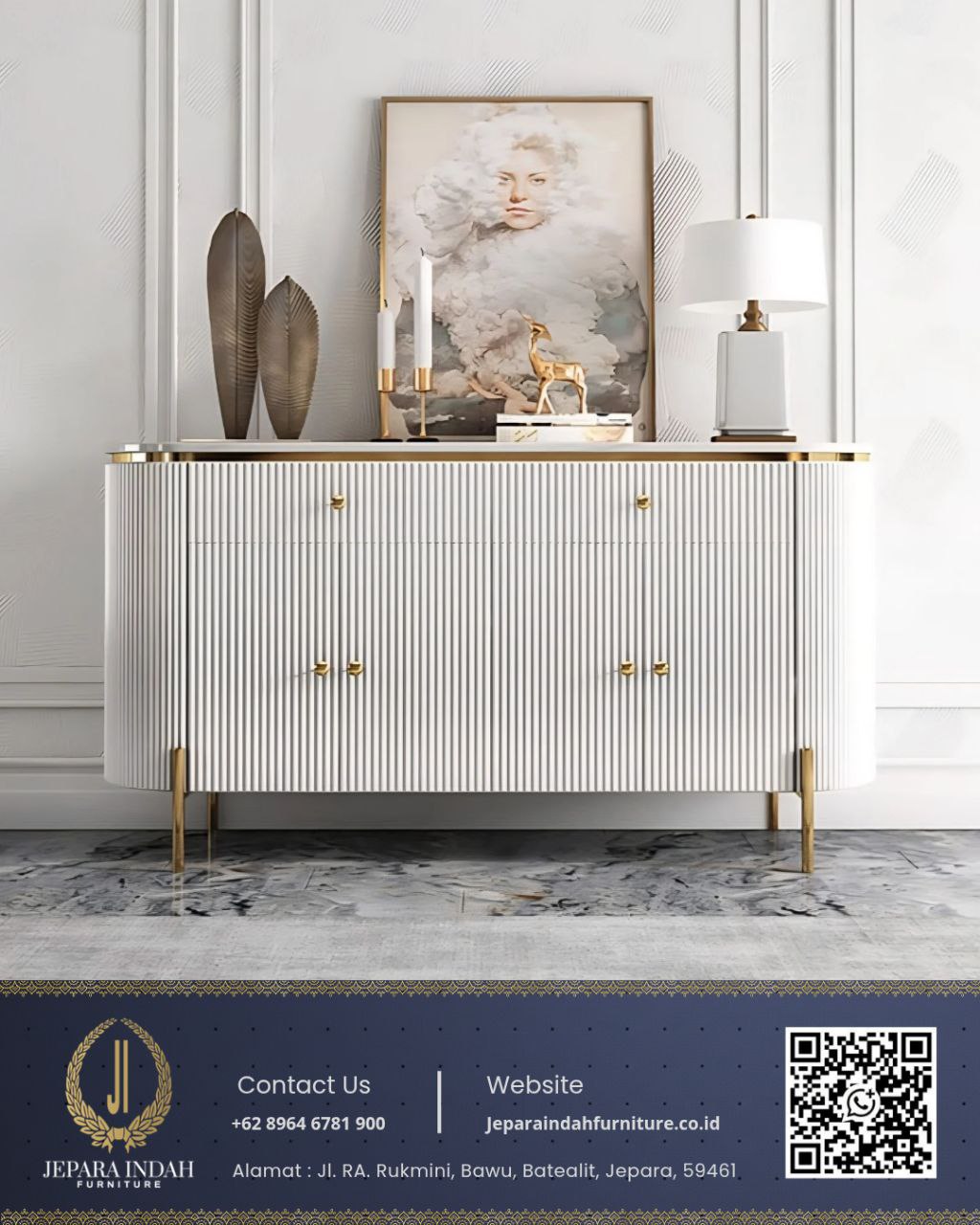 Meja Bufet Drawer Mewah Putih Gold Luxury Terbaru