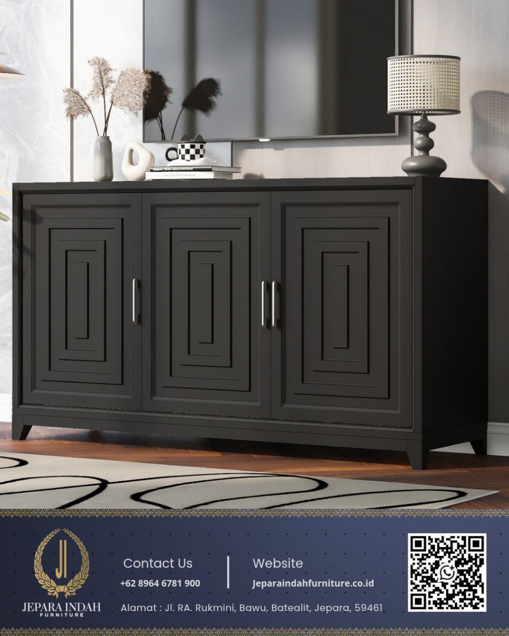 Bufet TV Hitam Minimalis Modern Motif Panel