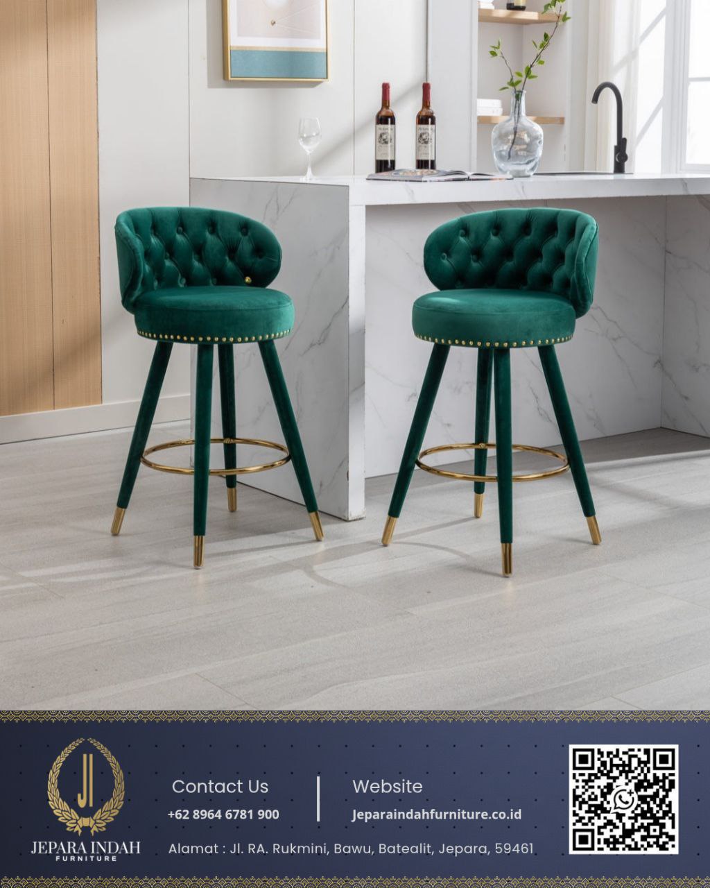 Kursi Bar Modern Hijau Emerald Bluderu Minimalis