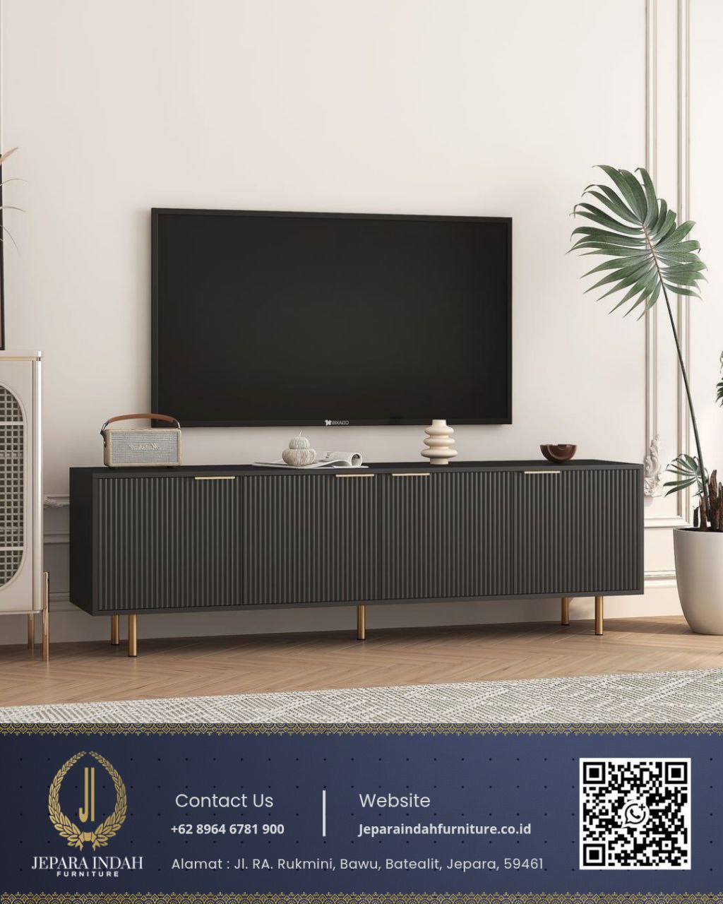 Meja TV Minimalis Fluted Panel Garis Vertikal Modern