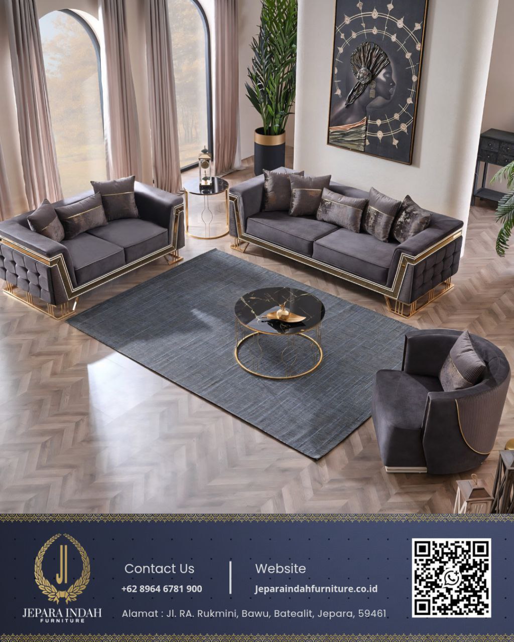 Set Kursi Sofa Tamu Mewah Modern Charcoal Tufted