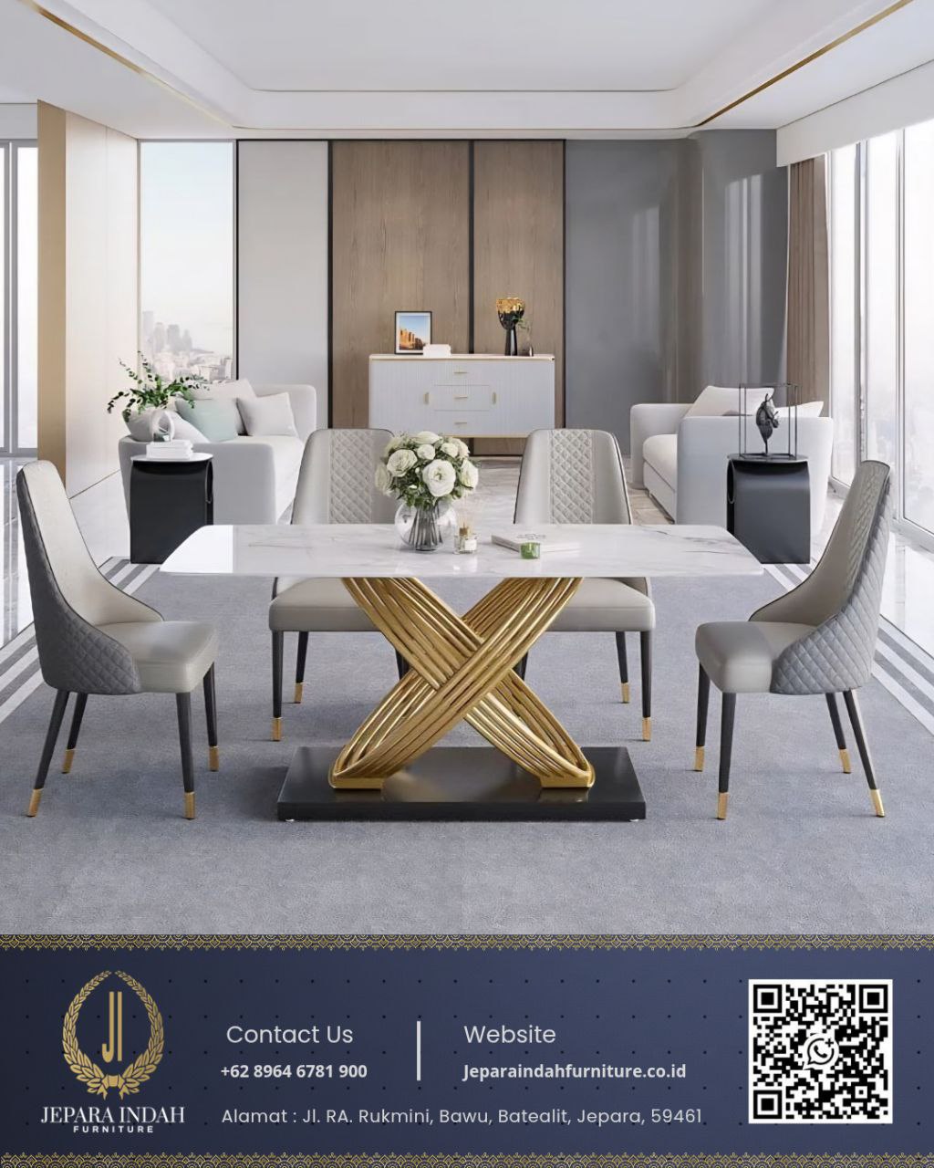 Set Meja Makan Marmer Mewah Stainless Gold Silang