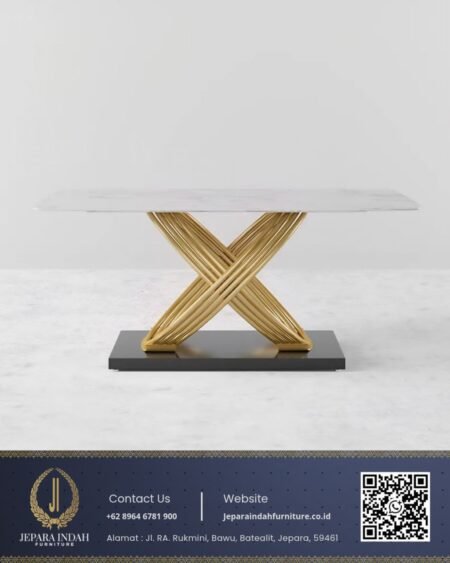 Set Meja Makan Marmer Mewah Stainless Gold Silang
