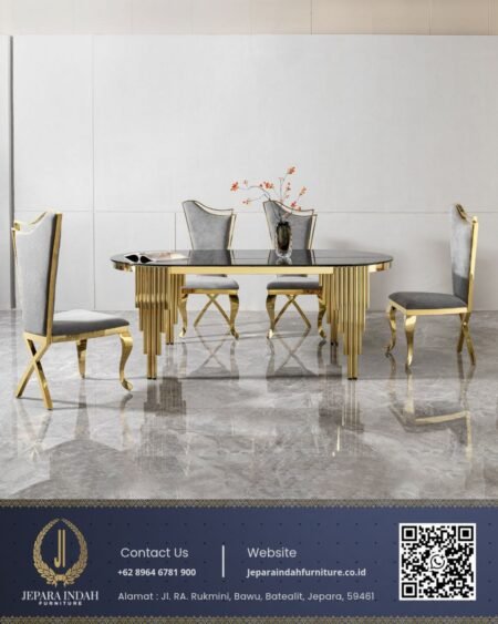 Set Meja Makan Mewah Modern Stainless Gold Top Kaca