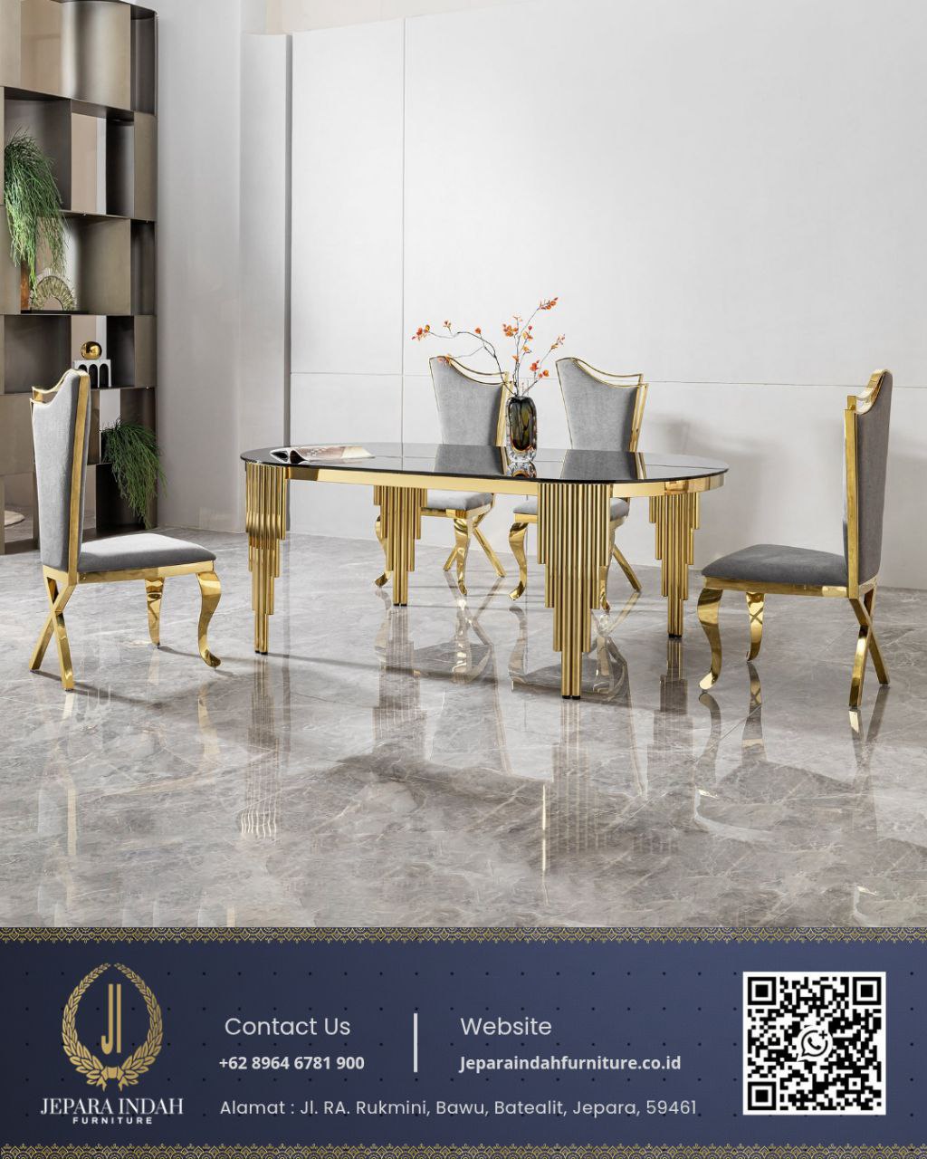 Set Meja Makan Mewah Modern Stainless Gold Top Kaca