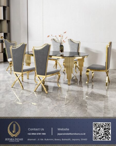 Set Meja Makan Mewah Modern Stainless Gold Top Kaca