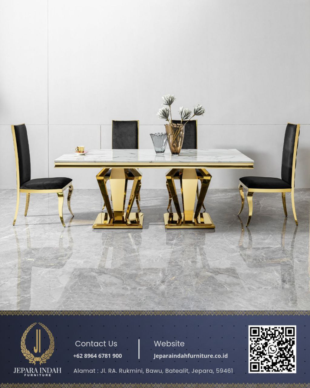 Set Meja Makan Stainless Mewah Modern Marmer