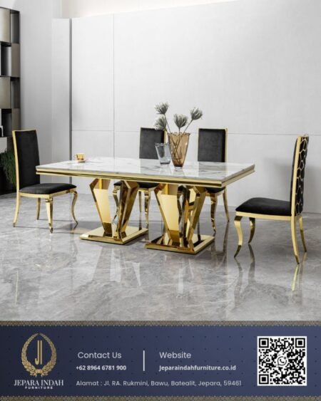 Set Meja Makan Stainless Mewah Modern Marmer