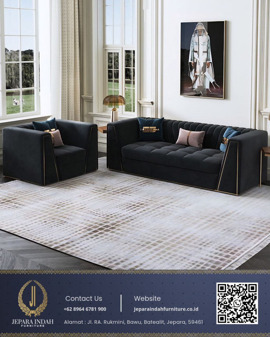 Set Sofa Kursi Tamu Modern Hitam Gold Premium