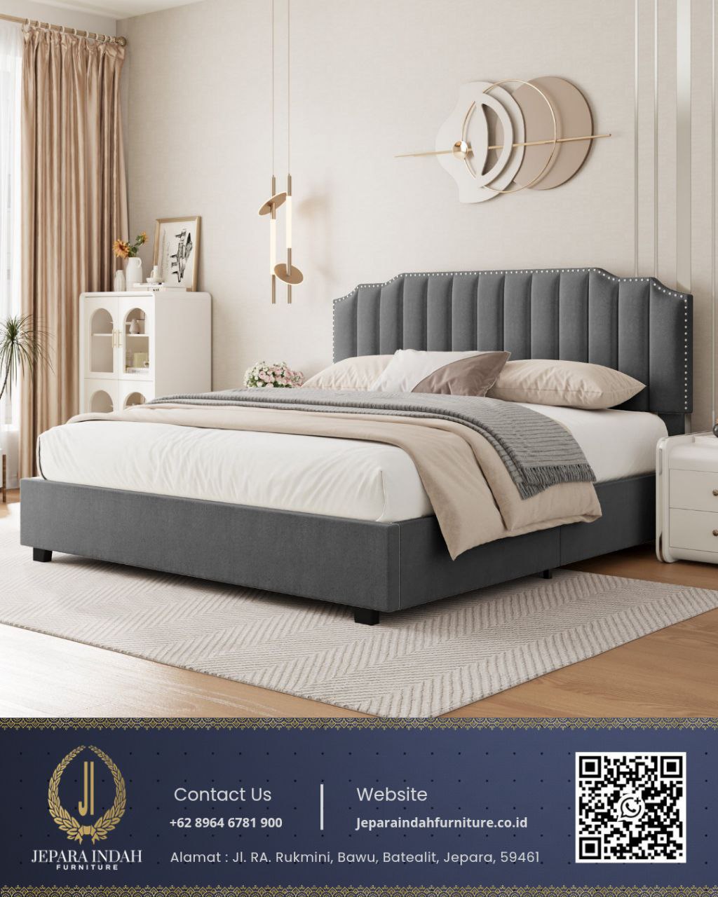 Tempat Tidur Minimalis Stripe Abu-abu Modern
