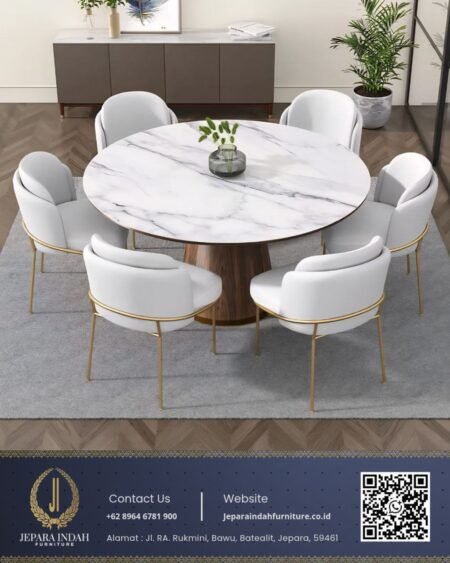 Set Meja Makan Bundar Top Marble Mewah Modern
