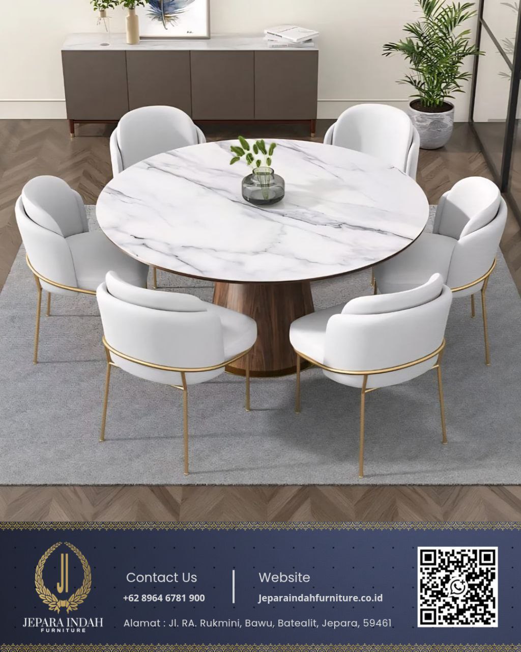 Set Meja Makan Bundar Top Marble Mewah Modern