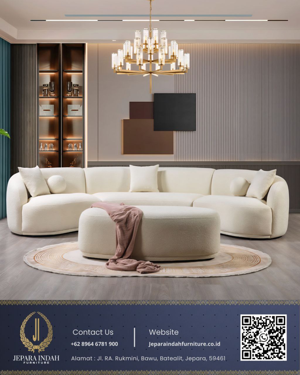 Sofa Ruang Tamu Sectional Modern Cream Boucle