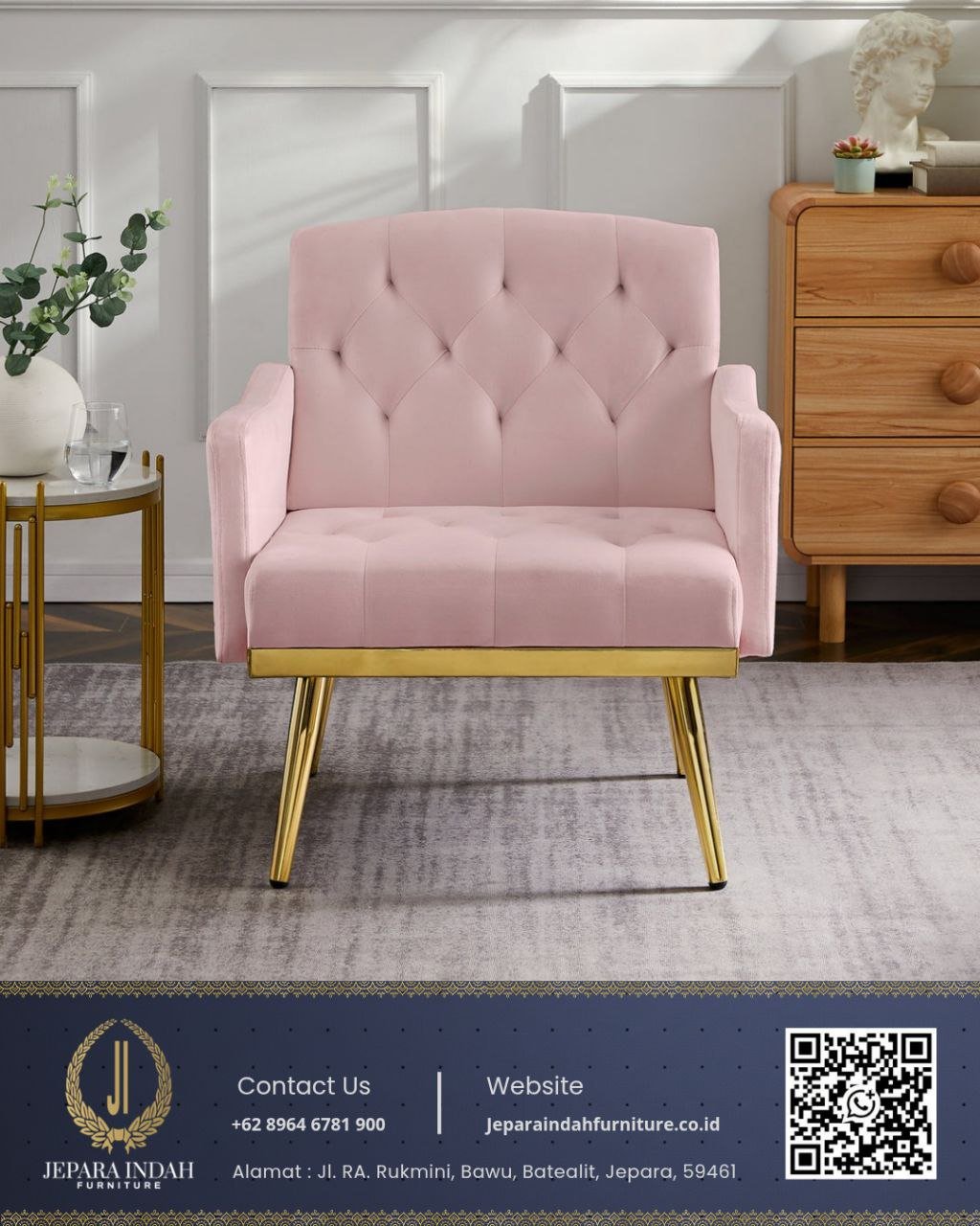 Armchair Mewah Kursi Tamu Minimalis Pink Gold