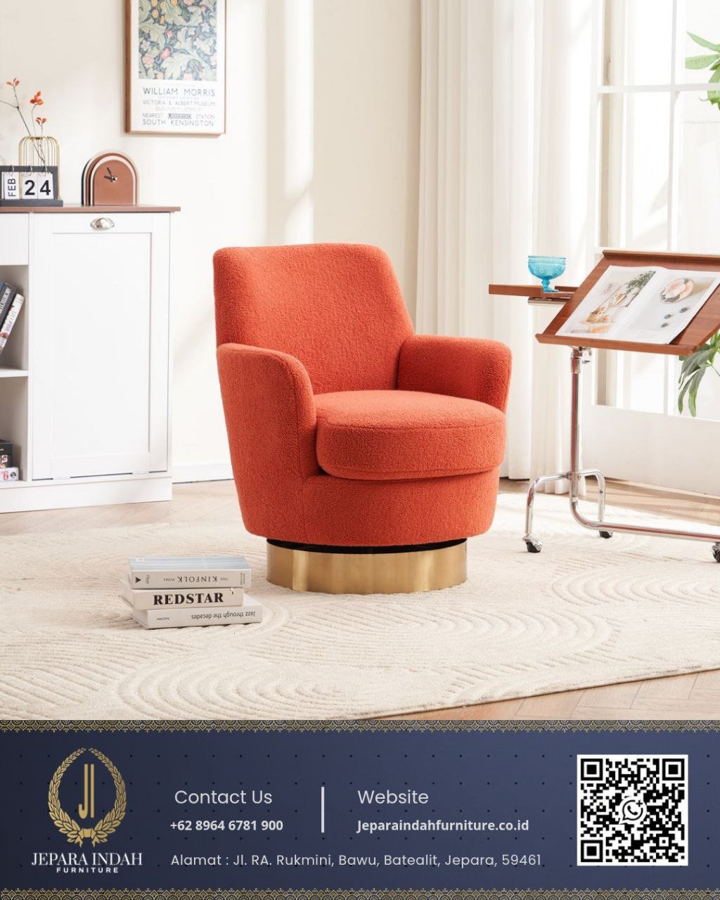 Kursi Sofa Swivel Minimalis Orange Boucle Jepara