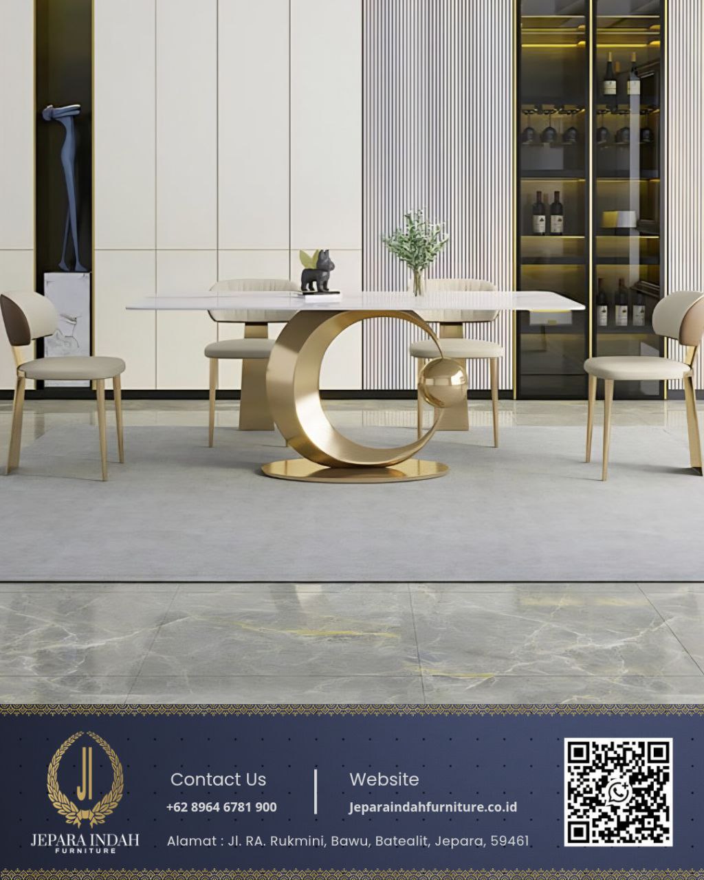 Meja Makan Marmer Putih Modern Stainless Gold