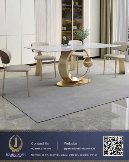 Meja Makan Marmer Putih Modern Stainless Gold