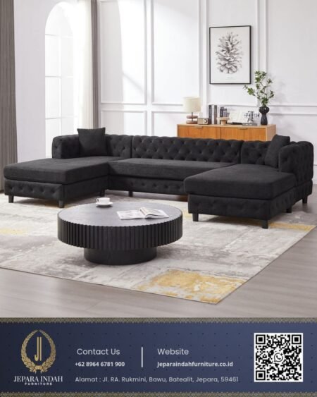 Sofa Chesterfield Sudut Mewah Hitam Modern
