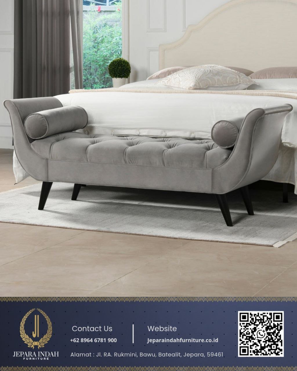 Sofa Santai Bench Bed Beludru Abu Minimalis