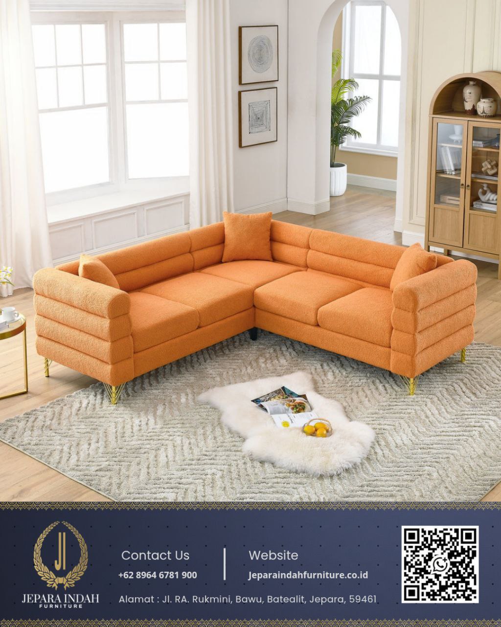 Sofa Sudut Minimalis Modern L Shape Orange Terracotta