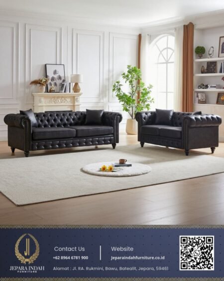 Sofa Tamu Chesterfield Kulit Hitam Mewah