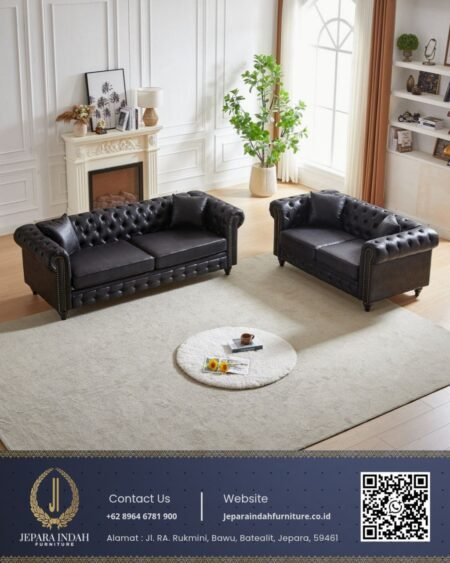 Sofa Tamu Chesterfield Kulit Hitam Mewah