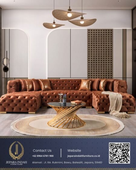 Sofa Tamu Sudut U Shape Coklat Cognac Modern