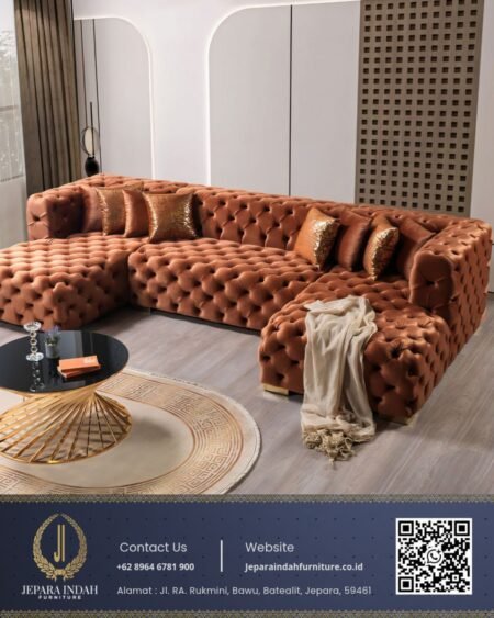 Sofa Tamu Sudut U Shape Coklat Cognac Modern
