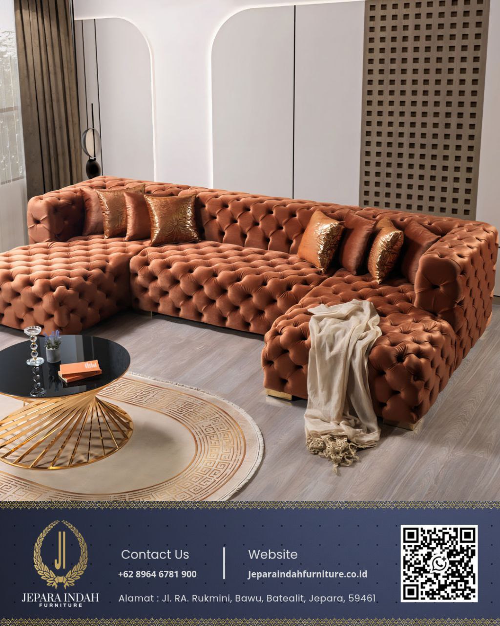 Sofa Tamu Sudut U Shape Coklat Cognac Modern