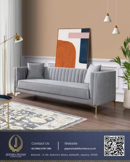 Sofa Tuxedo Minimalis Fluted Mewah Grey Bludru