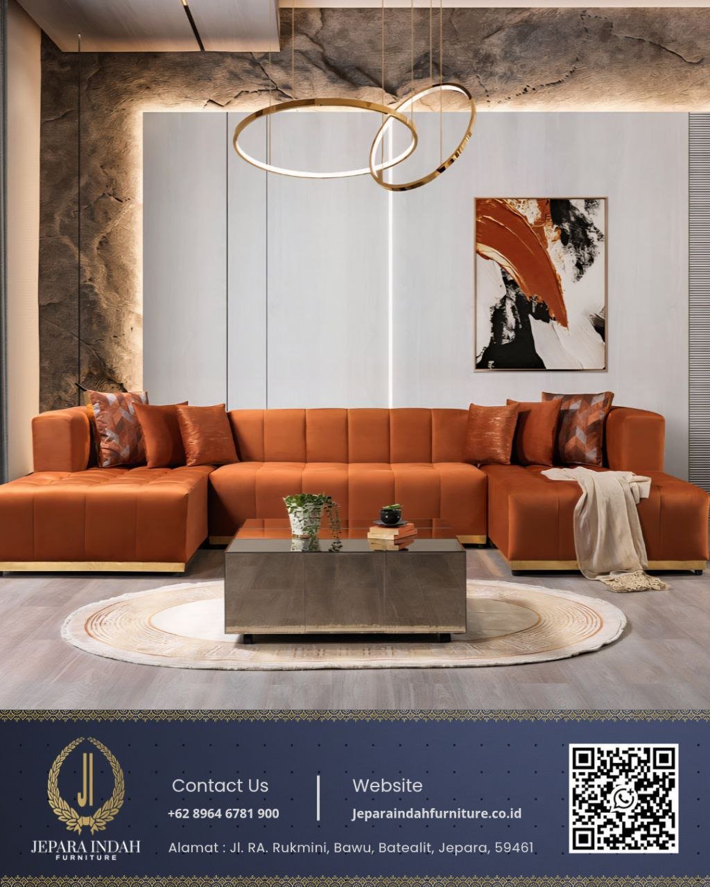 Sofa U-Shape Mewah Terakota Ruang Keluarga Jumbo
