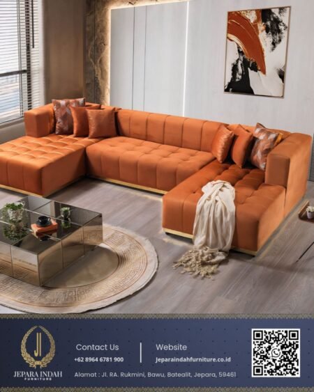 Sofa U-Shape Mewah Terakota Ruang Keluarga Jumbo