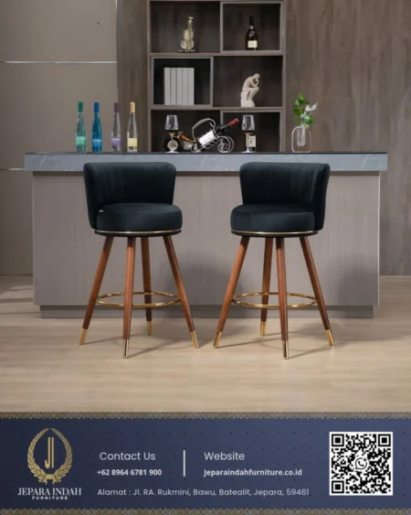kursi bar beludru mahoni minimalis modern tampilan depan dengan kaki tapered