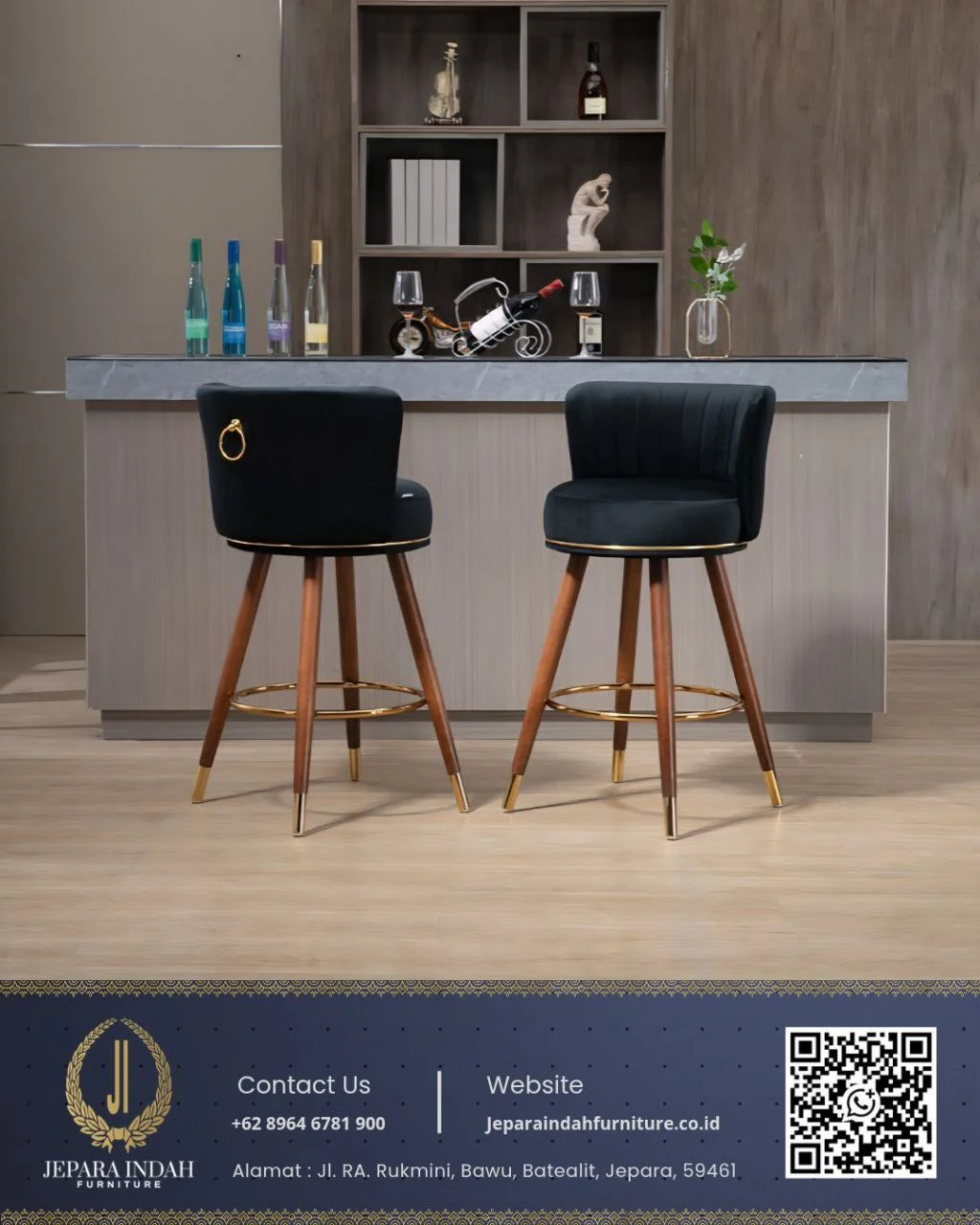 Kursi Bar Beludru Mahoni Minimalis Modern dengan Kaki Tapered Avorio