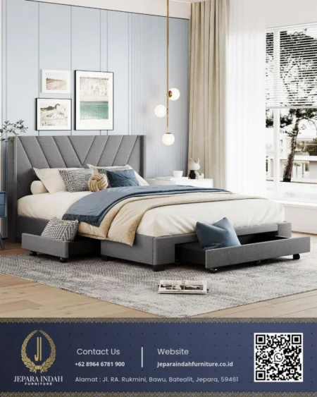tempat tidur kain linen abu-abu modern minimalis dengan headboard berpola menampilkan laci penyimpanan