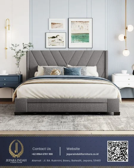 tempat tidur kain linen abu-abu modern minimalis dengan headboard berpola dan laci penyimpanan