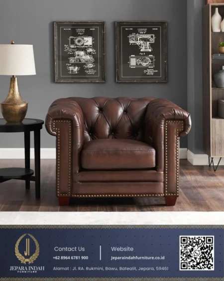 kursi single kulit coklat tua gaya chesterfield klasik dengan kancing depan