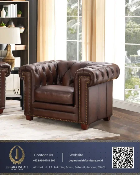 kursi single kulit coklat tua chesterfield klasik dengan kancing terlihat dari samping