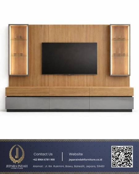 Backdrop TV Wall Panel Minimalis Modern Kayu Kombinasi Abu
