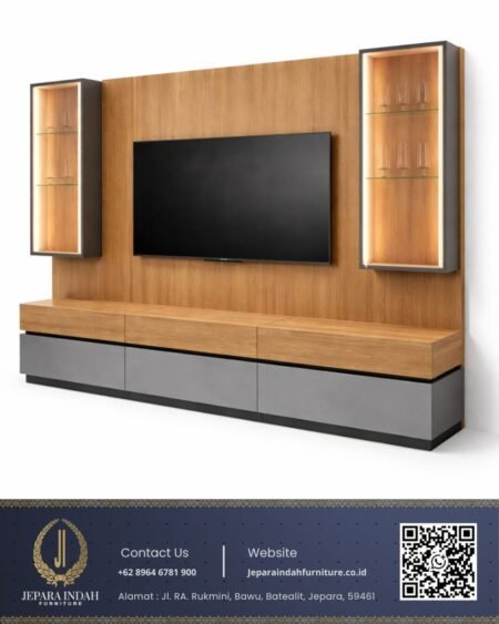 Backdrop TV Wall Panel Minimalis Modern Kayu Kombinasi Abu