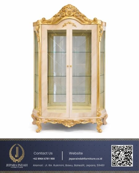Lemari Hias Kaca Ukir Klasik Mewah Cream Gold