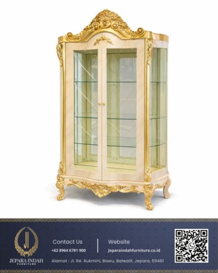 Lemari Hias Kaca Ukir Klasik Mewah Cream Gold
