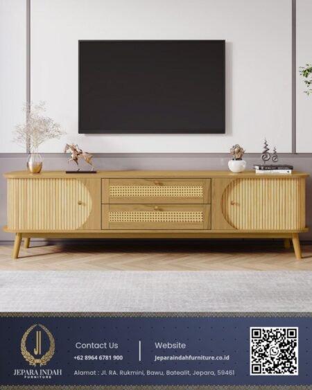 Meja TV Minimalis Kayu Jati Kombinasi Rotan