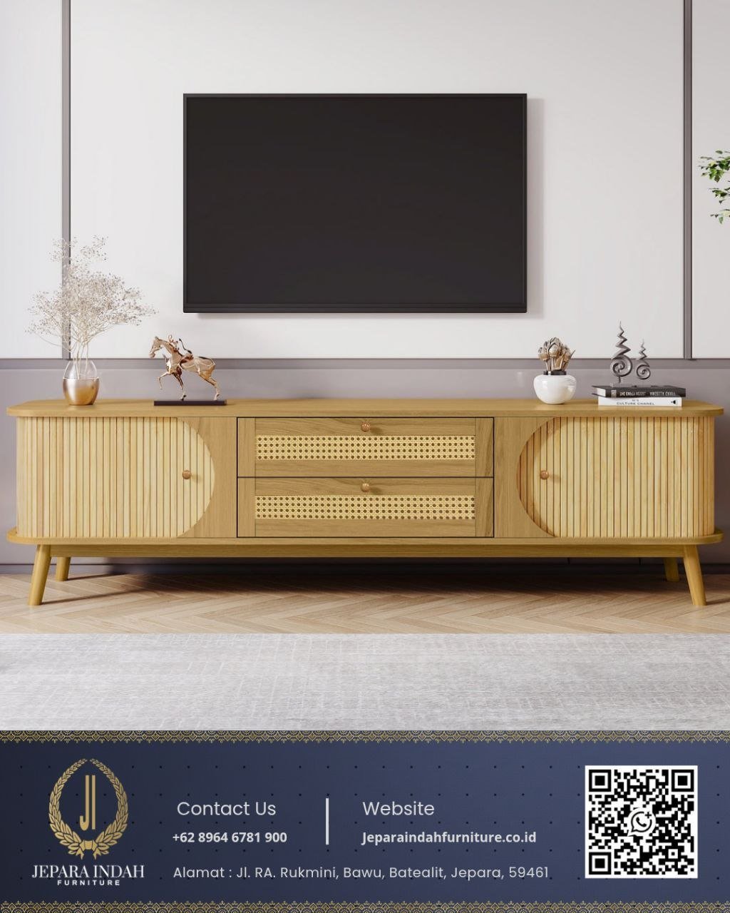 Meja TV Minimalis Kayu Jati Kombinasi Rotan