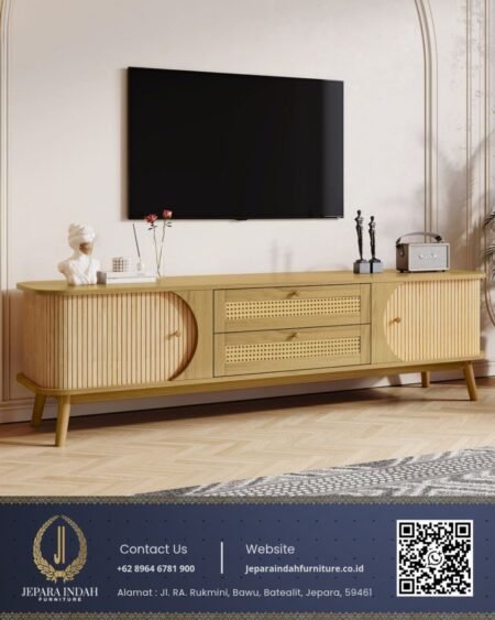 Meja TV Minimalis Kayu Jati Kombinasi Rotan