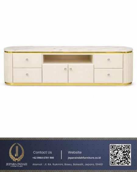 Meja TV Minimalis Modern Duco Jepara Top Marmer Cream Gold