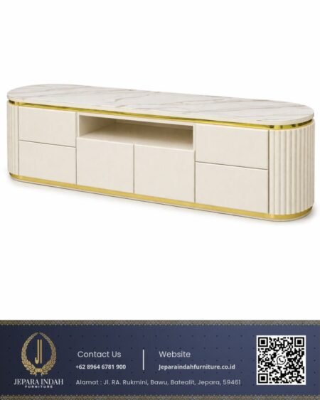 Meja TV Minimalis Modern Duco Jepara Top Marmer Cream Gold