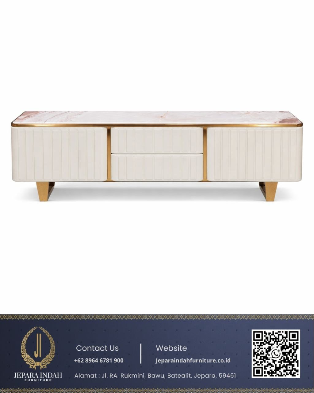 Meja TV Minimalis Modern Top Marmer Duco Putih